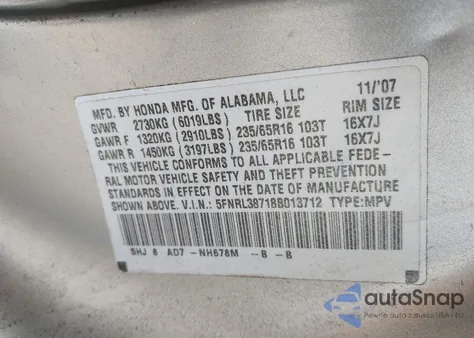 2008 Honda Odyssey Ex-L из США, поврежденный, VIN 5FNRL38718B013712